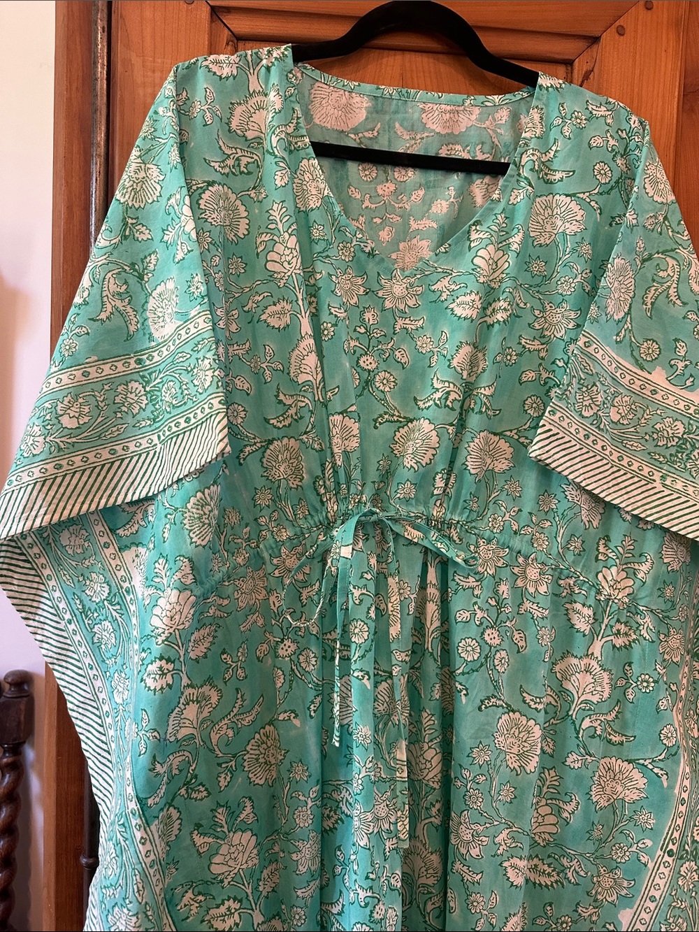 Turquoise bohemian Floral caftan Maxi Dress Drawstring Waist